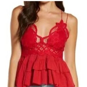 Free People Red Lace Tiered Peplum Camisole